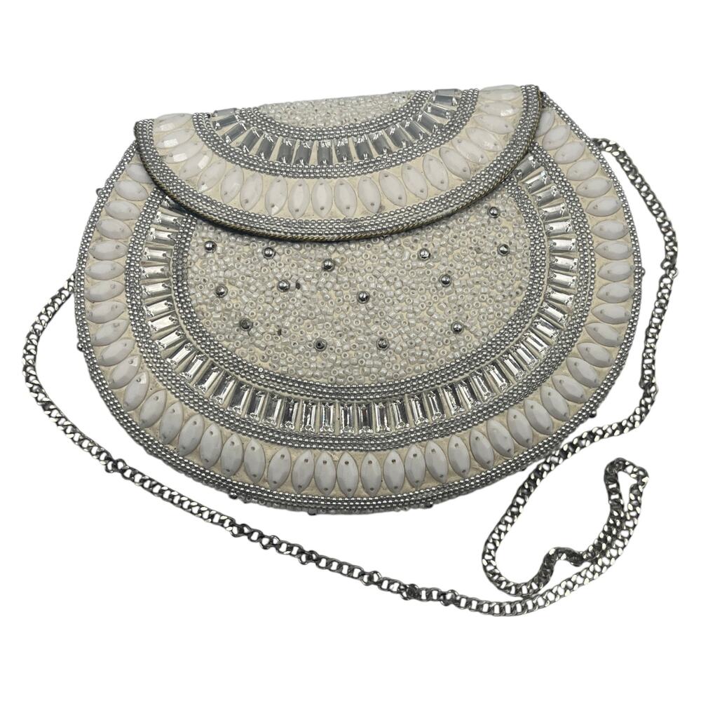 RAMLA Handmade Silver White Beaded Crossbody Bag Embroidered Clutch Chain Strap